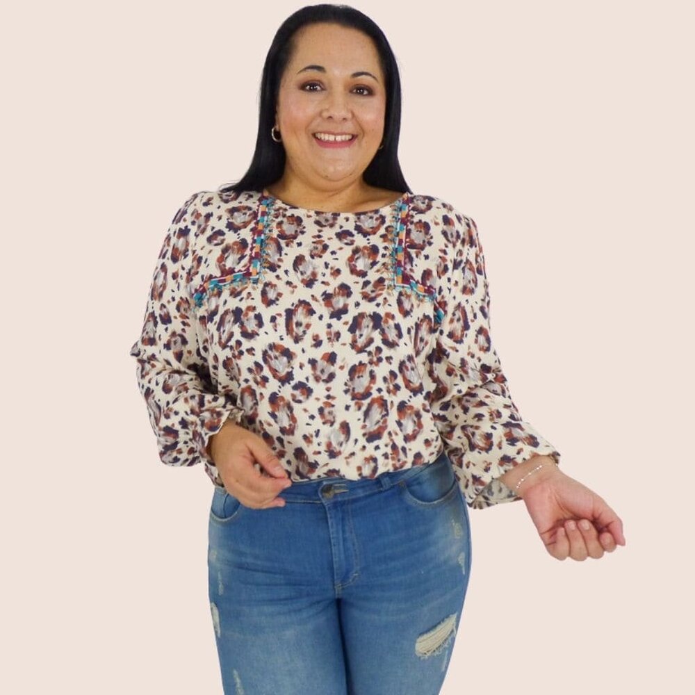 Log Sleeve Embroidered Plus Blouse with Leopard Print